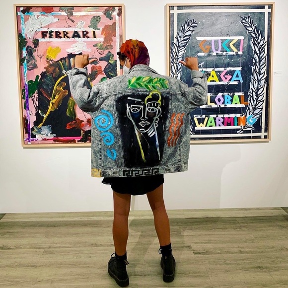 ZEUS Retro Acid Wash Custom Painted Streetstyle Boyfriend Denim Trucker Jacket L - Picture 2 of 6